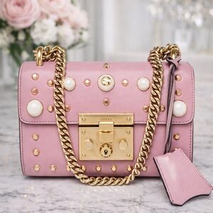 Gucci Broadway Pearl Studded Padlock Pink and Gold Crossbody Bag w key 🔑
